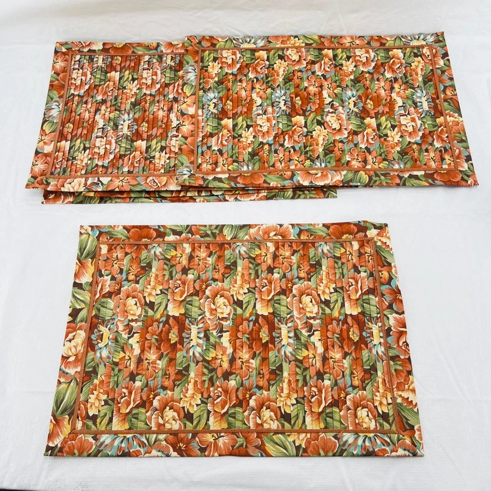 Set of 6 Vintage Floral Placemats Orange Rust Green Quilted Pleated Fall Decor‎